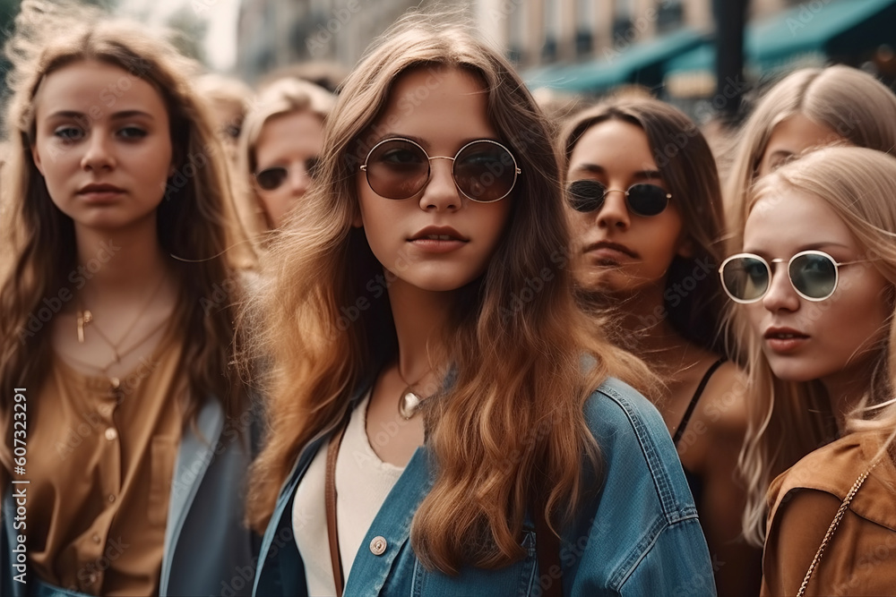 crowd of young women on city street in casual clothes. Feminists defend feminism and women's rights. Generative AI crowd of young women on city street in casual clothes. Feminists defend feminism and women's rights. Generative AI