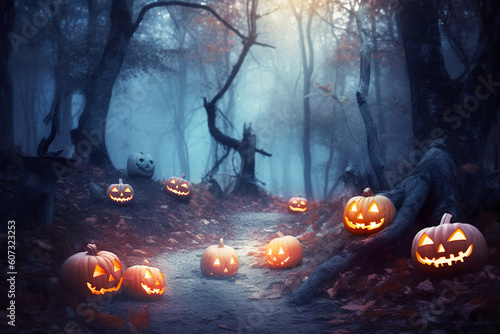 Halloween pumpkin head jack o lantern with glowing face in night forest landscape