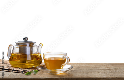 Tea cup with with steaming teapot on the wooden desk with transparent background png, Japanese style
