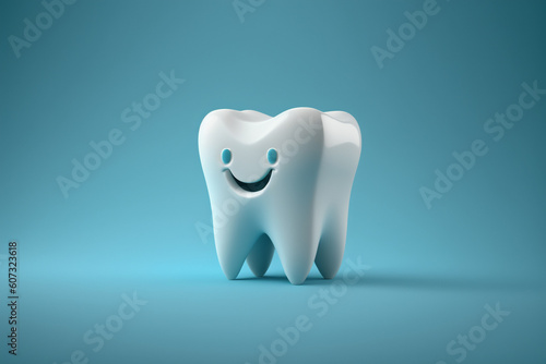3D realistic happy white tooth. Tooth cartoon characters on the bright background. Healthy cute cartoon tooth character. Colored illustration about health and tooth care. Cleaning and whitening teeth.