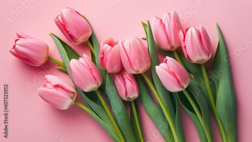 Spring tulip flowers on pink background Generative AI