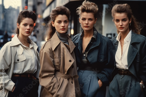 group of female models in fashionable clothes in retro style of the 1990s on city street. Vintage fashion. Generative AI photo