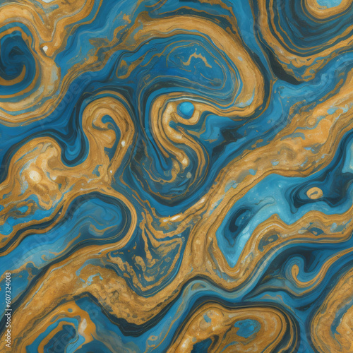 A close up of a painting of blue and gold marbled swirls. 