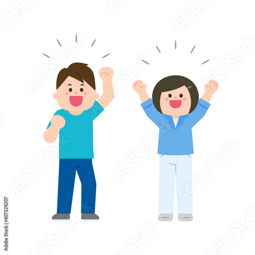 手を上げて喜ぶ男女