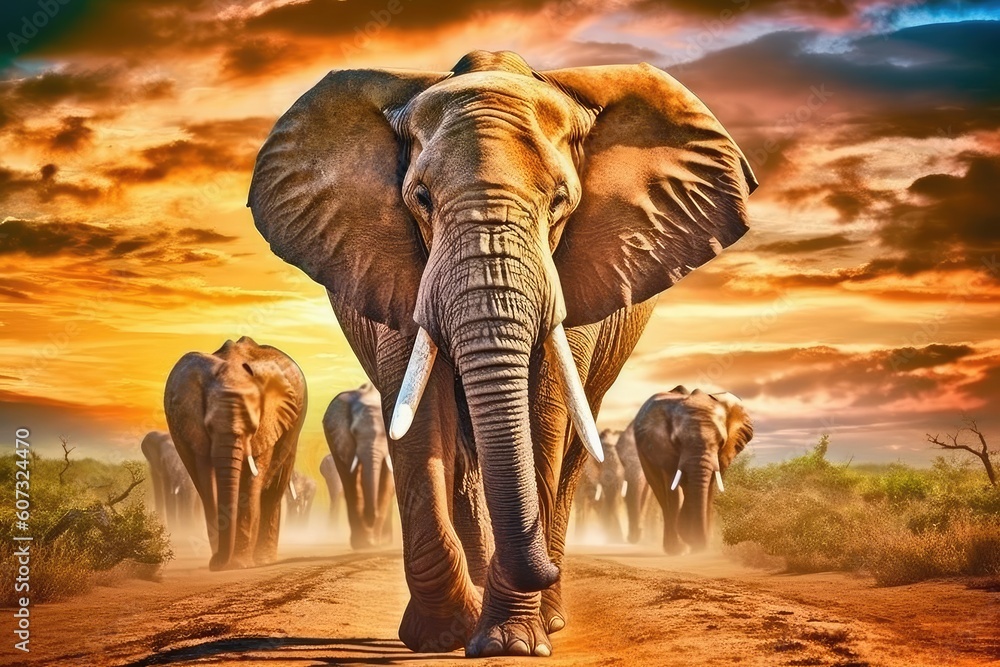 Fototapeta premium elephants at sunset