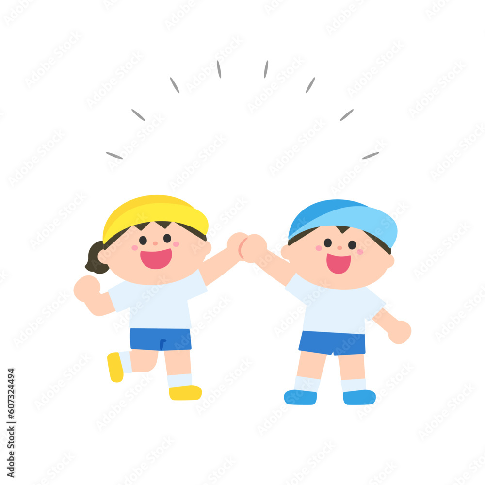 笑顔で手を繋ぐ体操服の子どもたち.