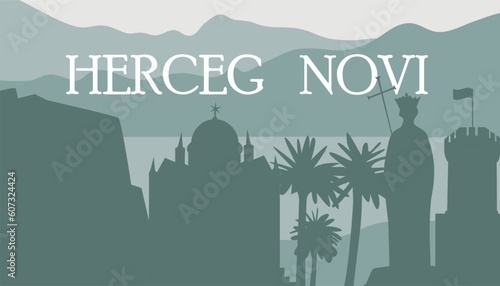 Silhouette of the city of Herceg Novi in Montenegro in turquoise shades banner for the site of travel and attractions