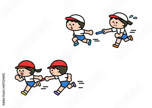 運動会競技　リレー　バトンパス.