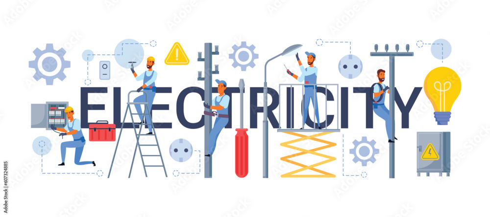 electrical working set background with bulb, wrench, Scissor Lift, hydraulic, gear and text electricity electrical working set background with bulb, wrench, Scissor Lift, hydraulic, gear and text electricity