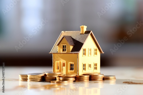 Miniature Home and Gold Coins Showcase Financial Growth, generative ai generated