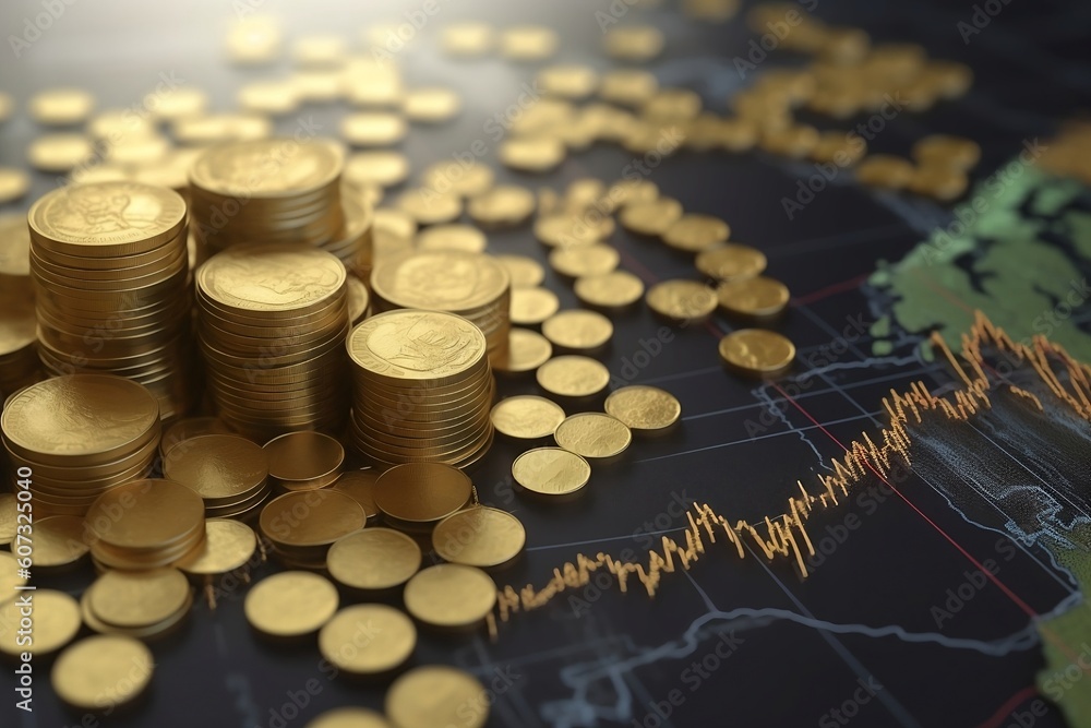 inflation concept with gold coin stack and down graph and chart with ...