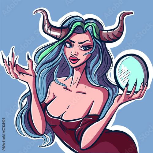 Digital art of a witch demon holding a crystal ball. Vector illustration of a wizard woman with horns casting spells.