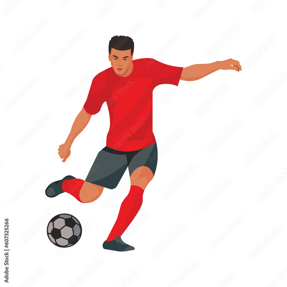 Chinese football player in a red sports uniform is going to kick the ball with his foot