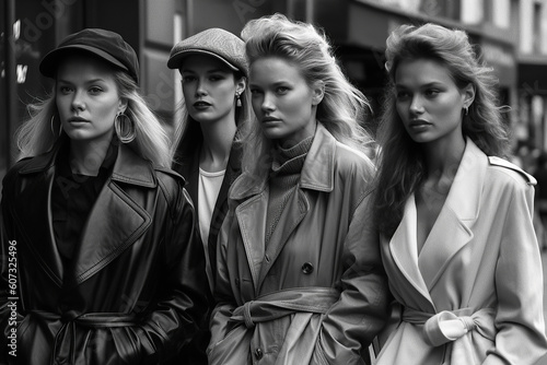 fashionable model girls pose in stylish clothes on city street. Vintage retro fashion of the 1980s. Generative AI photo