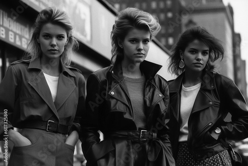 group of fashionable model girls posing in stylish clothes on city street. Vintage retro fashion of 1980s. Generative AI © alexkoral