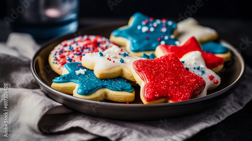 Home baked 4th July sugar cookies with colorful royal icing on a plate. Holiday pastry for Independence day baking with kids fun concept