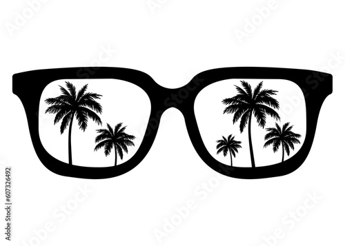 Destino de vacaciones. Silueta de gafas de sol con palmeras