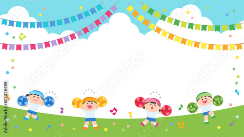 イラストフレーム　運動会　ポンポンを持って踊る子どもたち.