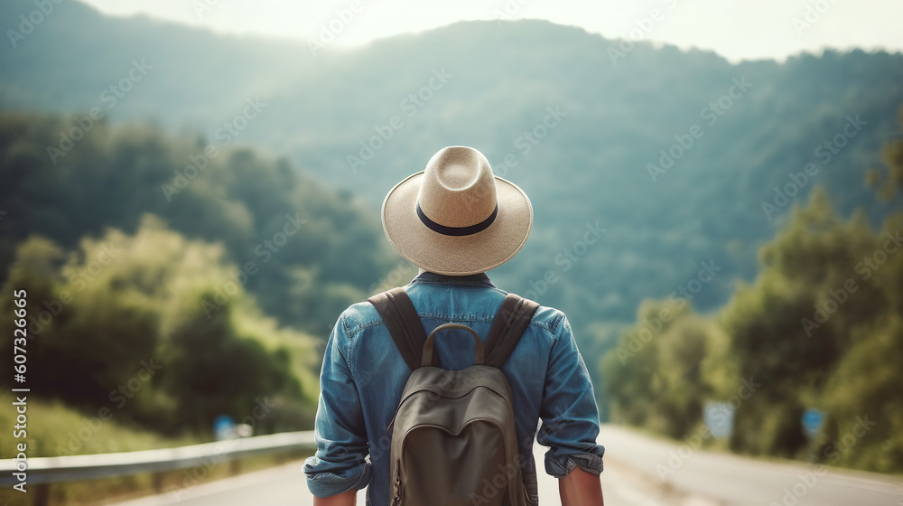 Young man in hat with backpack with his back to the camera standing on an empty open road looking at mountains green valley. Freedom wanderlust adventure traveling concept