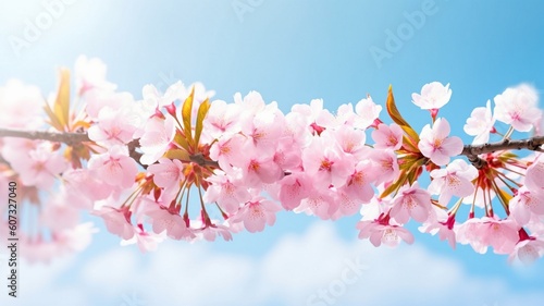 Spring banner branches of blossoming cherry Generative AI © Dyeru