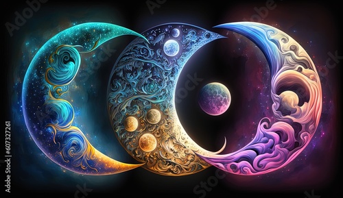 The soul and the cosmic yin yang are celebrating the cosmos and the moon. Beautiful spiritual illustration of colorful connections to the universe and the creation. Generative AI.