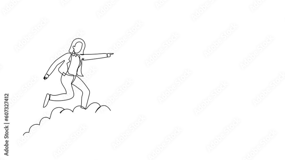 Animated self drawing of continuous line draw successful businesswoman ride cloud, pointing forward, go to future, business metaphor. Woman on cloud way to success. Full length one line animation Animated self drawing of continuous line draw successful businesswoman ride cloud, pointing forward, go to future, business metaphor. Woman on cloud way to success. Full length one line animation