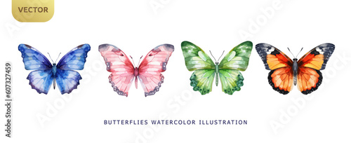 Set of beautiful butterflies watercolor isolated on white background. Pink, blue, orange and green butterfly vector illustration