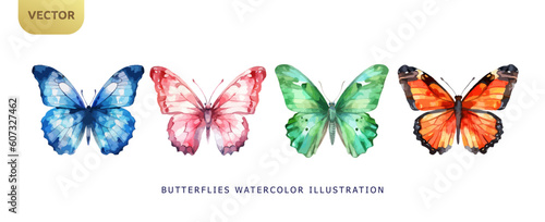 Set of beautiful butterflies watercolor isolated on white background. Pink, blue, orange and green butterfly vector illustration