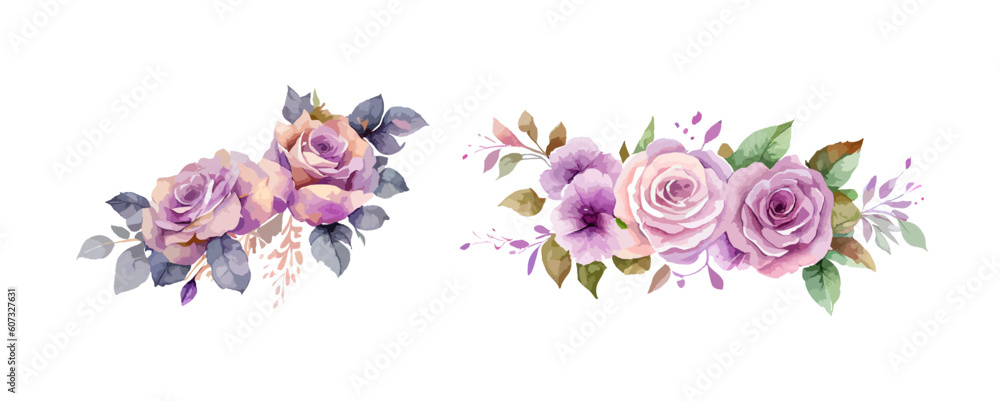 Purple roses flower wreath watercolor isolated on white background ...
