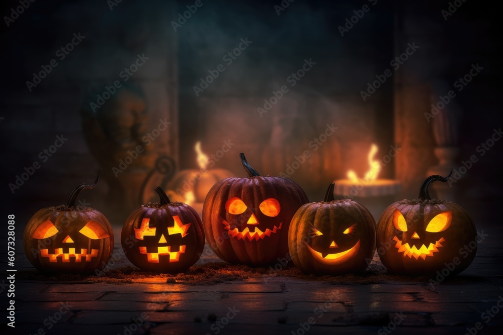 Nighttime Magic Halloween Pumpkins Amidst Darkness Nighttime Magic Halloween Pumpkins Amidst Darkness