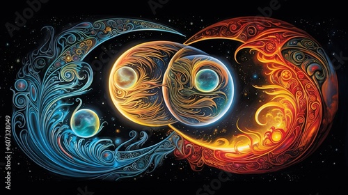 The soul and the cosmic yin yang are celebrating the cosmos and the moon. Beautiful spiritual illustration of colorful connections to the universe and the creation. Generative AI.