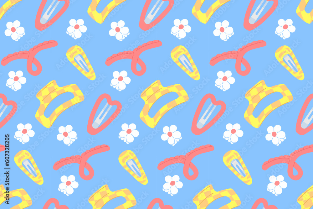 Seamless pattern with hair accessories, hairpins and clips, plastic fashionable clips. Seamless pattern with hair accessories, hairpins and clips, plastic fashionable clips.