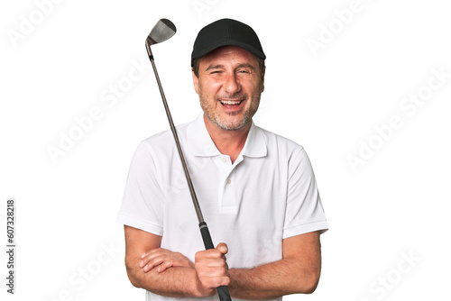 Middle aged golfer man laughing and having fun.