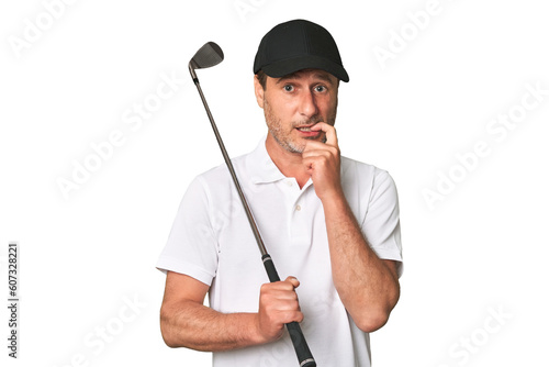 Middle aged golfer man showing number one with finger.