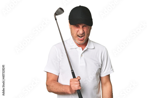 Middle aged golfer man screaming very angry and aggressive.