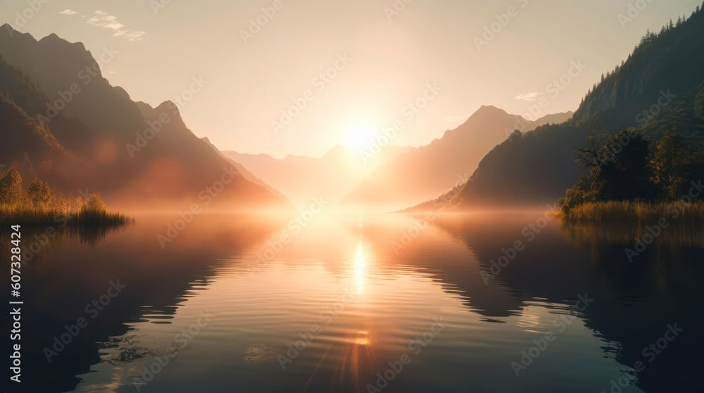 Sunrise over the lake and mountains. Amazing landscape of calm beautiful nature in the light of rising sun. Generative AI.