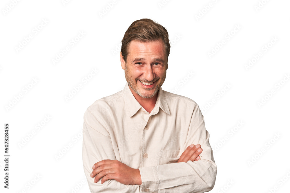 A middle-aged man isolated laughing and having fun. A middle-aged man isolated laughing and having fun.