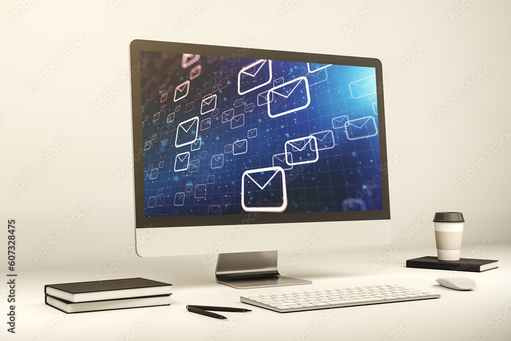 Creative abstract postal envelopes sketch on modern laptop monitor, e-mail and marketing concept. 3D Rendering Creative abstract postal envelopes sketch on modern laptop monitor, e-mail and marketing concept. 3D Rendering