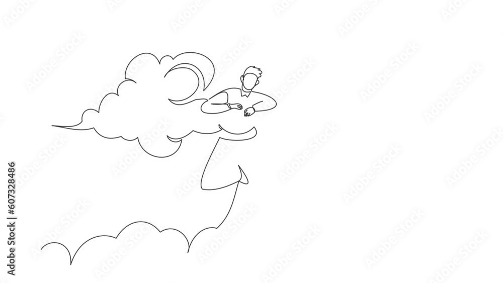 Animated self drawing of continuous line draw happy businessman hang in clouds. Hoping for success, financial freedom, winning business project, achievement concept. Full length single line animation Animated self drawing of continuous line draw happy businessman hang in clouds. Hoping for success, financial freedom, winning business project, achievement concept. Full length single line animation