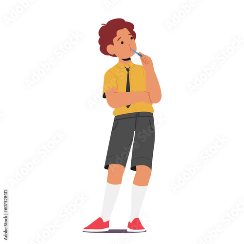 Thoughtful And Introspective School Boy Character Gazes Into The Distance, Lost In Contemplation, Vector Illustration