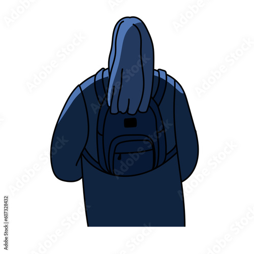 Woman with backpack at night, back view. Backpacker explorer from behind, backside. Female tourist, migrant, refugee, stranger character. Flat vector illustration isolated on white background