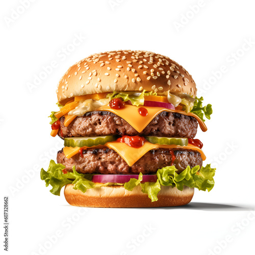 Large delicious juicy smoky burger separated on ingredients floating in air white background