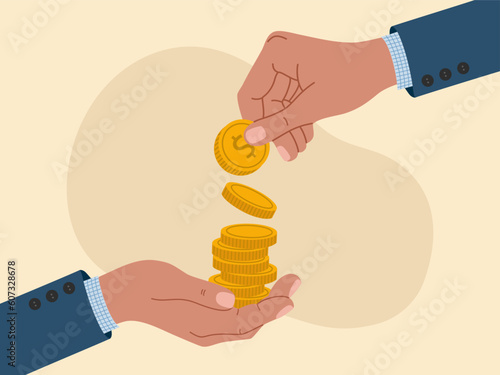 Hand putting golden coins in other hand. Concept of investments, savings, donation, paying. Hand drawn vector illustration isolated on light background, modern flat cartoon style.