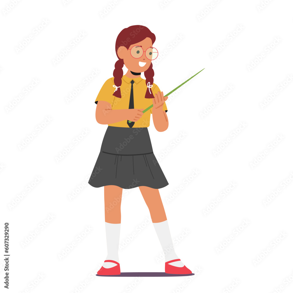Fototapeta premium Smart School Girl Character Wearing Glasses Confidently Holds Pointer, Ready To Share Knowledge And Engage In Classroom