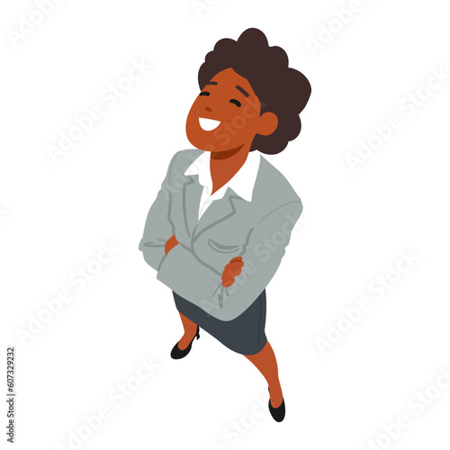 African American Female Character Looking Up Top View. Smiling Woman in Reflection, Lost In Thought, Stares Upwards