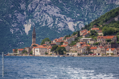 View from sea on Perast historical town, Kotor Bay, Montenegro
