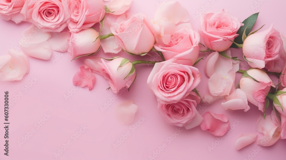 Spring roses flowers on pink pastel background Generative AI Spring roses flowers on pink pastel background Generative AI