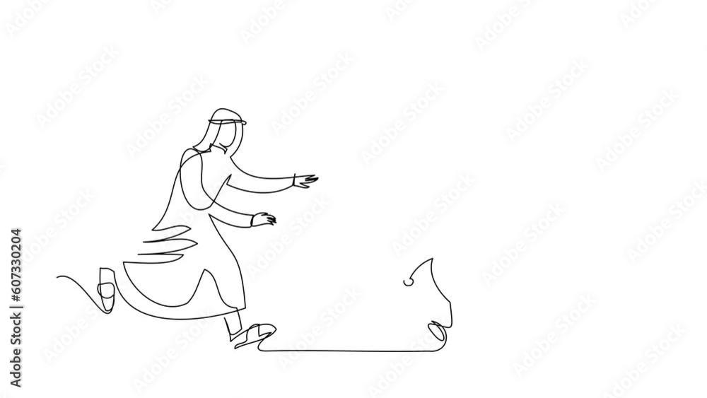Animated self drawing of continuous line draw Arab businessman chase dollar coin. Striving for success, chasing dreams, making profits. Get as much money as possible. Full length one line animation Animated self drawing of continuous line draw Arab businessman chase dollar coin. Striving for success, chasing dreams, making profits. Get as much money as possible. Full length one line animation