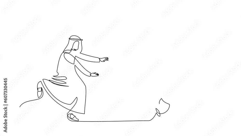 Animated self drawing of continuous line draw Arab businessman run chasing cup. Drinking and breakfast in the morning. Cappuccino latte for coffee break at office. Full length single line animation Animated self drawing of continuous line draw Arab businessman run chasing cup. Drinking and breakfast in the morning. Cappuccino latte for coffee break at office. Full length single line animation