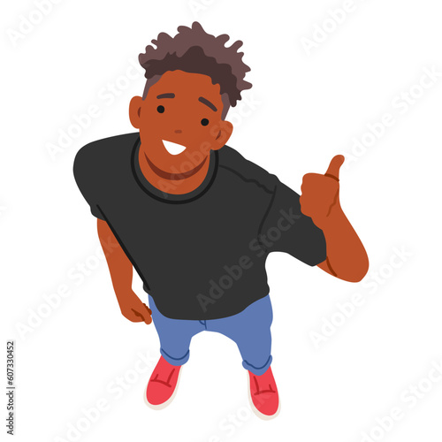 Confident Man Looking Up, Giving A Thumb Up Gesture, Captured From A Top View Perspective, Expressing Approval